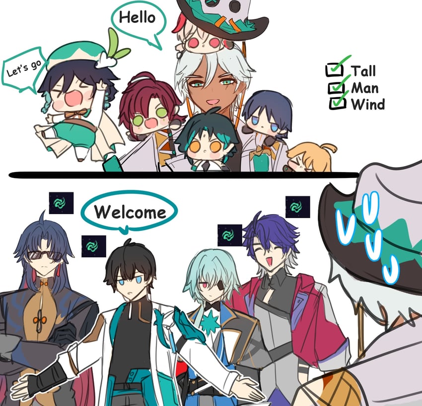 scaramouche, aether, venti, xiao, kaedehara kazuha, and 6 more (genshin impact and 3 more) drawn by pun-rii