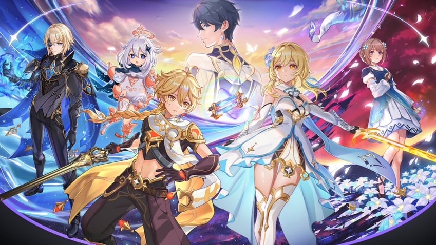 lumine, aether, paimon, dainsleif, direidyth, and 1 more (genshin impact) drawn by aratakosu_(tako's)