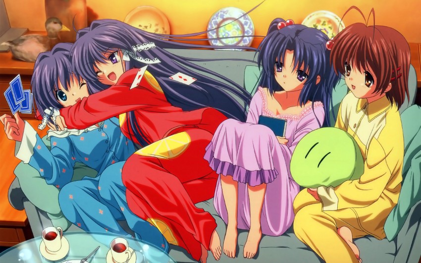 furukawa nagisa, fujibayashi kyou, ichinose kotomi, and fujibayashi ryou (clannad and 1 more)