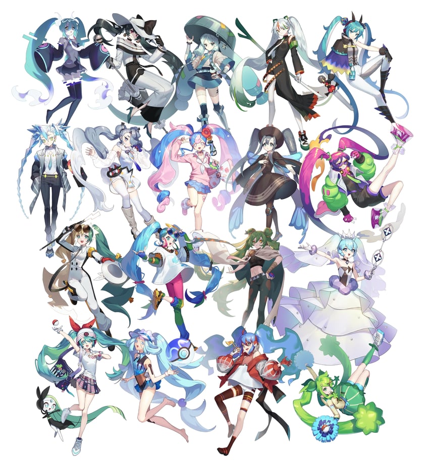 hatsune miku, meloetta, ghost miku, fairy miku, fighting miku, and 15 more (pokemon and 2 more) drawn by mongguri