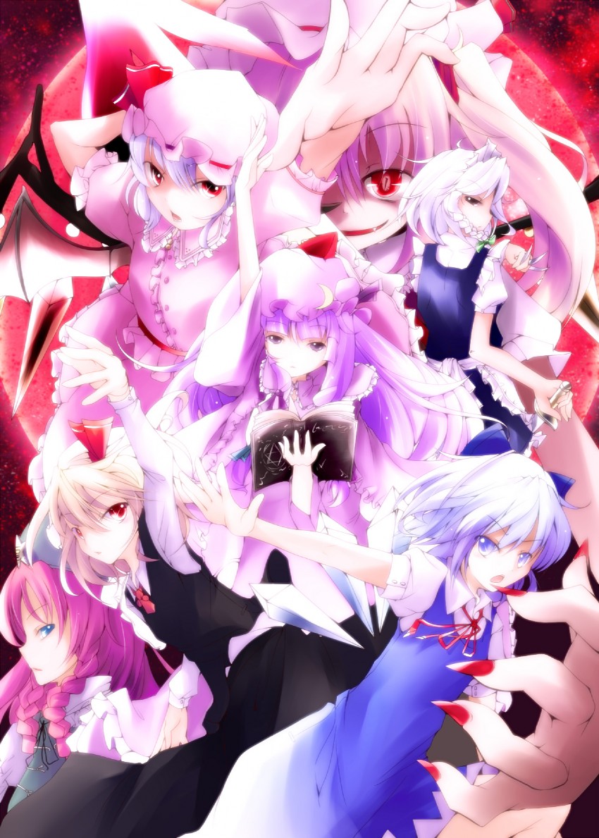 remilia scarlet, flandre scarlet, izayoi sakuya, cirno, patchouli knowledge, and 2 more (touhou and 1 more) drawn by yume_shokunin