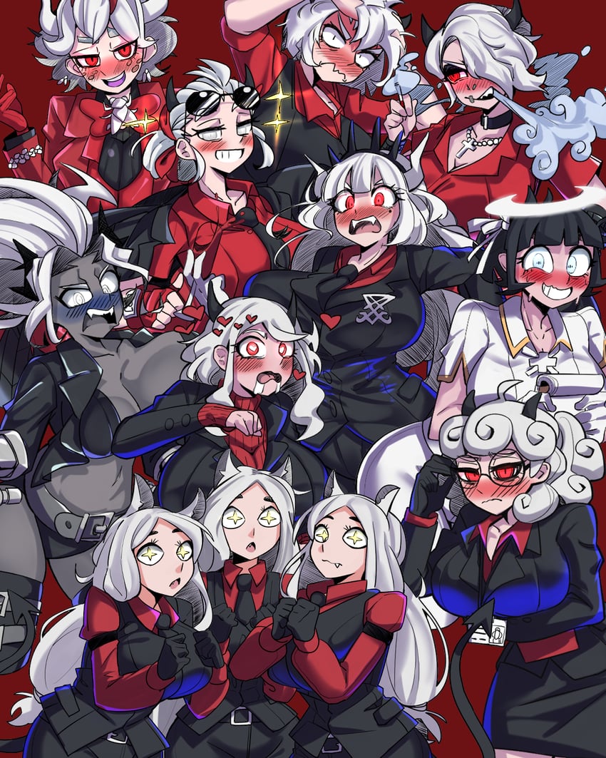 lucifer, modeus, justice, cerberus, judgement, and 5 more (helltaker) drawn by crazy_agong