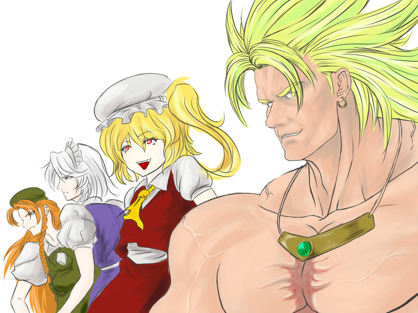flandre scarlet, izayoi sakuya, hong meiling, and broly (touhou and 2 more) drawn by hikichi_sakuya