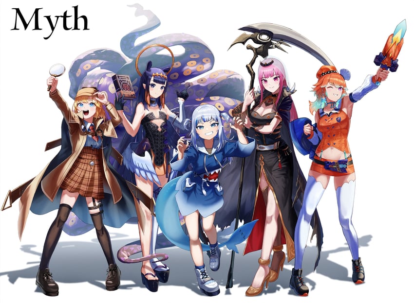 gawr gura, mori calliope, ninomae ina'nis, takanashi kiara, watson amelia, and 1 more (hololive and 1 more) drawn by mandei_(nao_1234567)