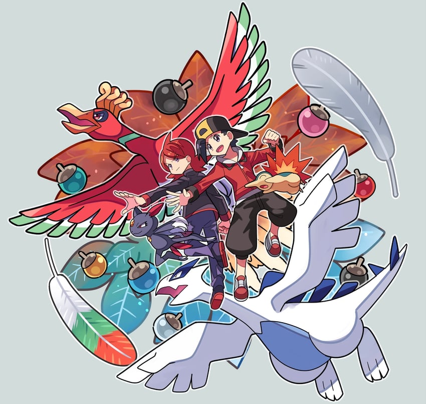 ethan, silver, cyndaquil, lugia, ho-oh, and 1 more (pokemon and 1 more) drawn by stchame