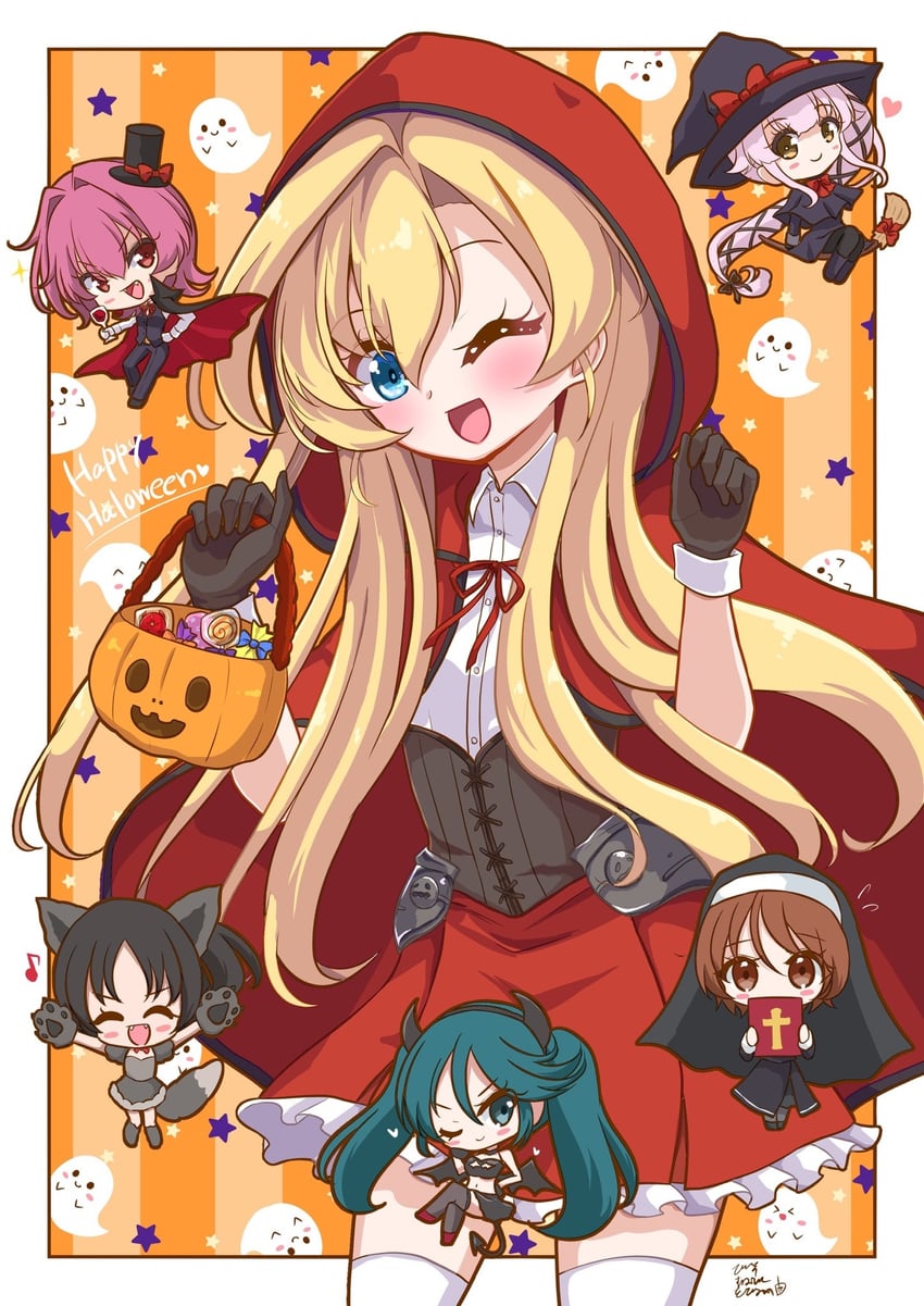 yura, little red riding hood, isuzu, kinu, nagara, and 2 more (kantai collection and 1 more) drawn by pirikara_spicy_tapioca