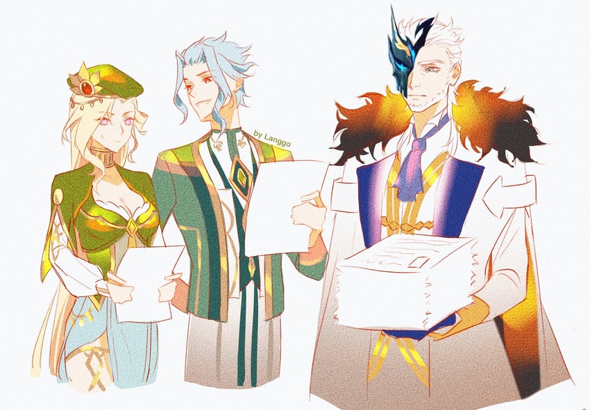 signora, dottore, and pierro (genshin impact) drawn by langgo