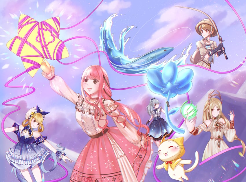 nikki, momo, perfect start, bubbly voyage, wind of purity, and 2 more (nikki and 1 more) drawn by sarah_ang