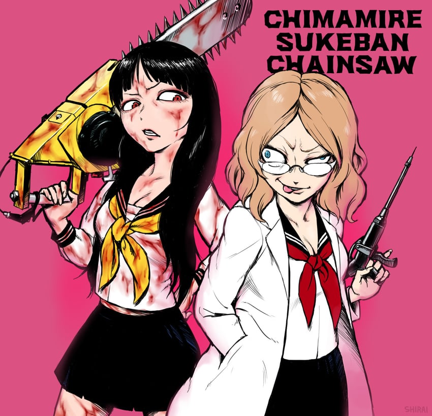 nokomura giiko and aoi nero (chimamire sukeban chainsaw) drawn by shirai_keita