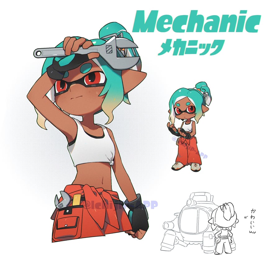 inkling player character, inkling girl, and mechanic (splatoon and 1 more) drawn by ichijip_app