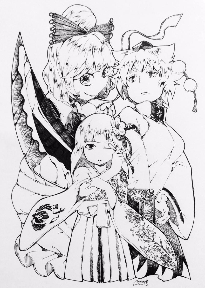 inubashiri momiji, kurodani yamame, and hieda no akyuu (touhou) drawn by aozora_taf