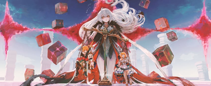 lumine, aether, paimon, and unknown god (genshin impact) drawn by &ueen