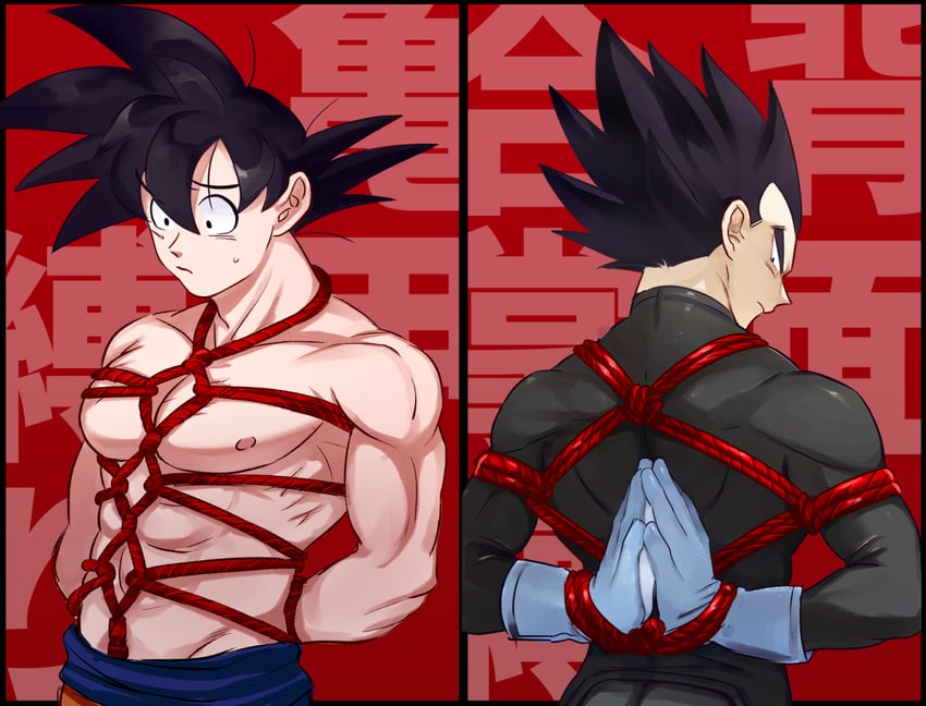 son goku and vegeta (dragon ball and 1 more) drawn by mamefuku_(mamedehuku)