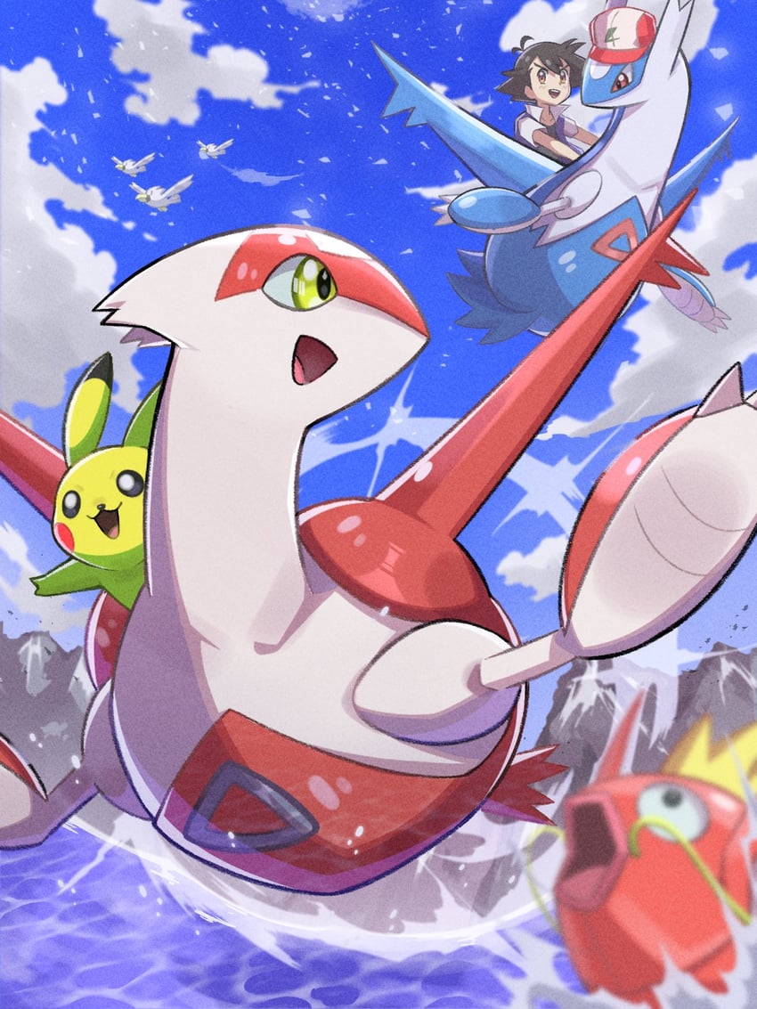 pikachu, ash ketchum, latias, latios, wingull, and 1 more (pokemon and 1 more) drawn by inana_umi
