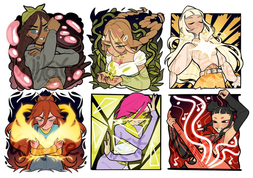 bloom, stella, musa, flora, aisha, and 1 more (winx club) drawn by wikate