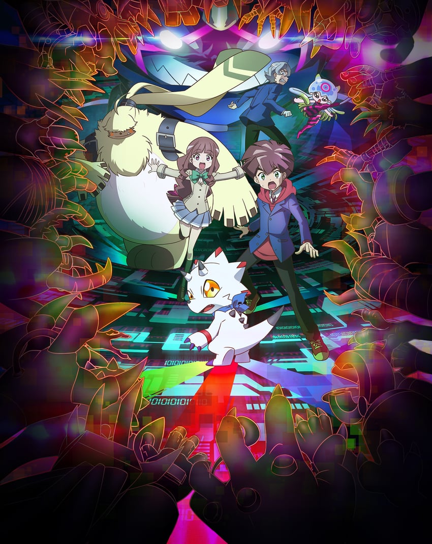 jellymon, gammamon, higashimitarai kiyoshiro, amanokawa hiro, tsukiyono ruli, and 2 more (digimon and 1 more)