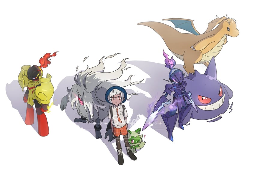 gengar, sprigatito, dragonite, ceruledge, armarouge, and 1 more (pokemon and 1 more) drawn by robinlovesop