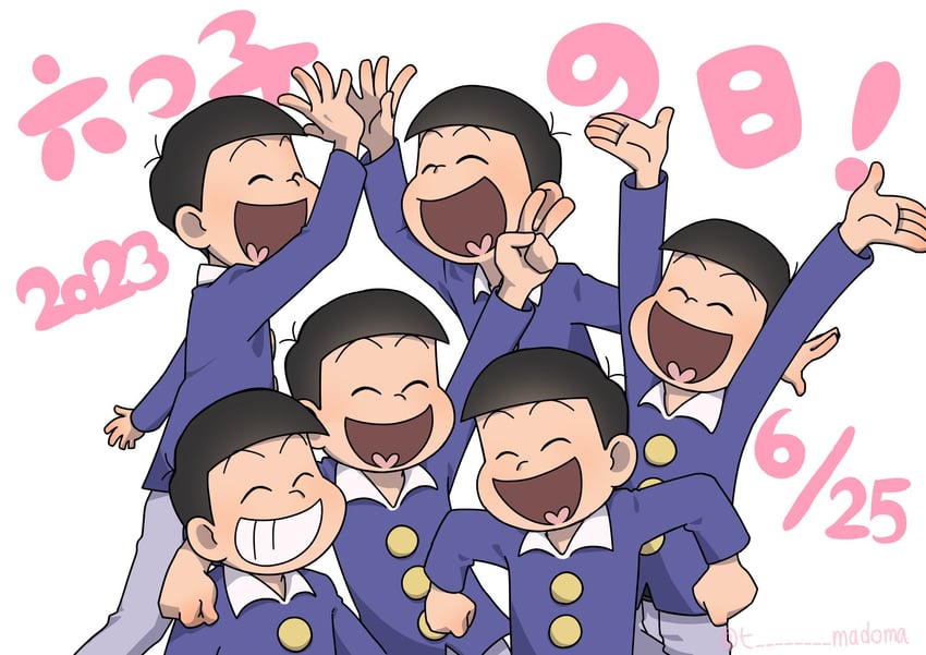 matsuno osomatsu, matsuno karamatsu, matsuno ichimatsu, matsuno jyushimatsu, matsuno choromatsu, and 1 more (osomatsu and 1 more) drawn by t-madoma
