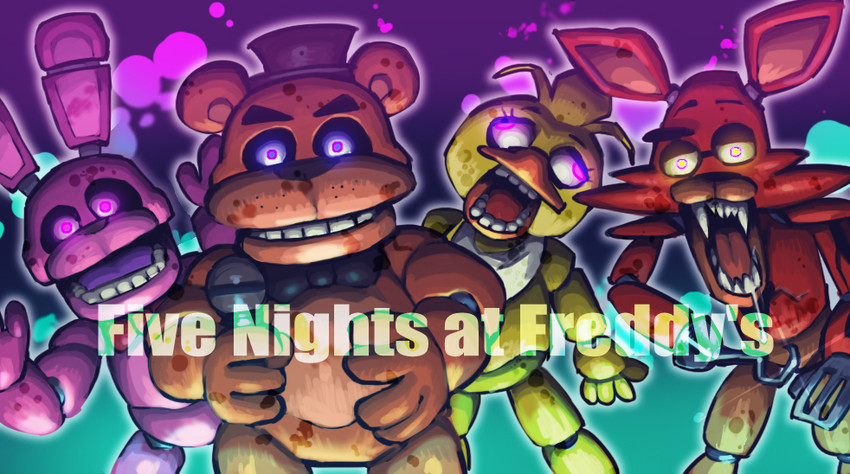 freddy fazbear, chica, foxy, and bonnie (five nights at freddy's and 1 more) drawn by sanjiro_(tenshin_anman)