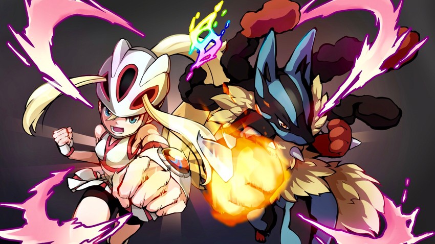 lucario, korrina, and mega lucario (pokemon and 1 more) drawn by miu_(angelo_whitechoc)