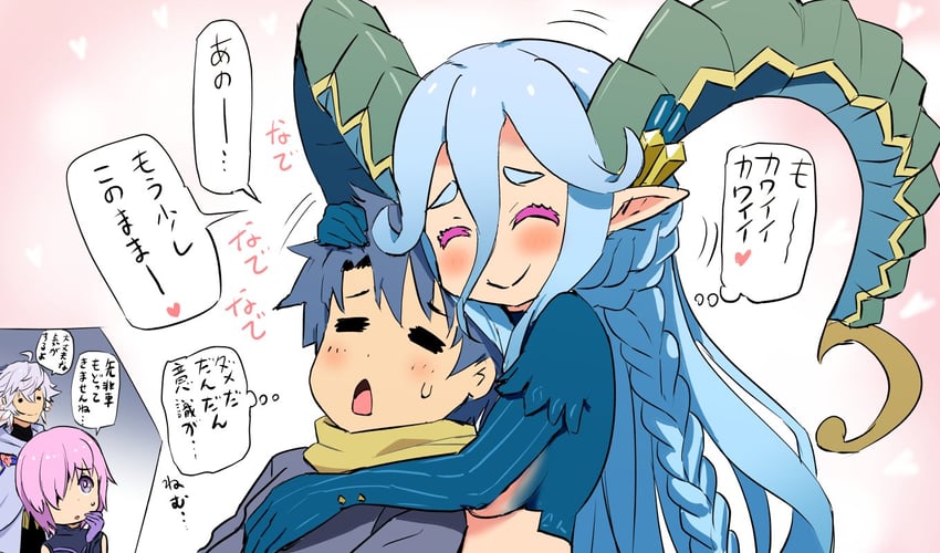 mash kyrielight, fujimaru ritsuka, merlin, and tiamat (fate and 1 more) drawn by mushi_gyouza