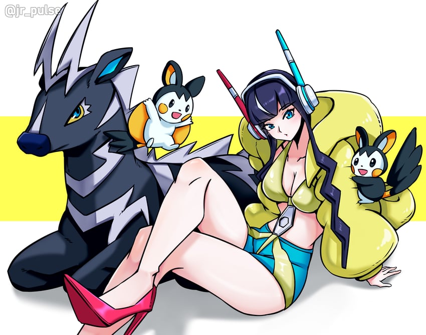 elesa, emolga, and zebstrika (pokemon and 1 more) drawn by jrpulse