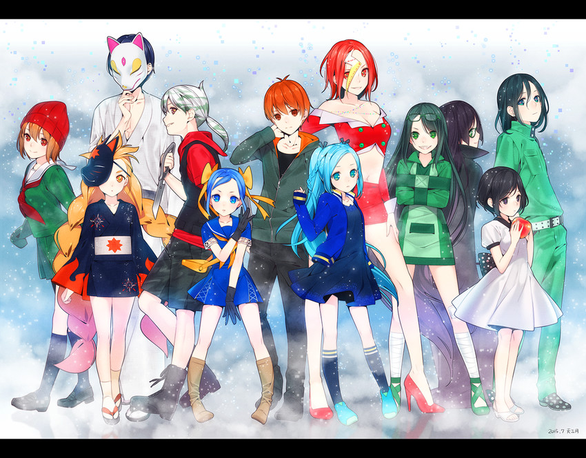 kunagisa tomo, aikawa jun, niounomiya izumu, ii-chan, zerozaki hitoshiki, and 7 more (zaregoto series) drawn by ama_mitsuki