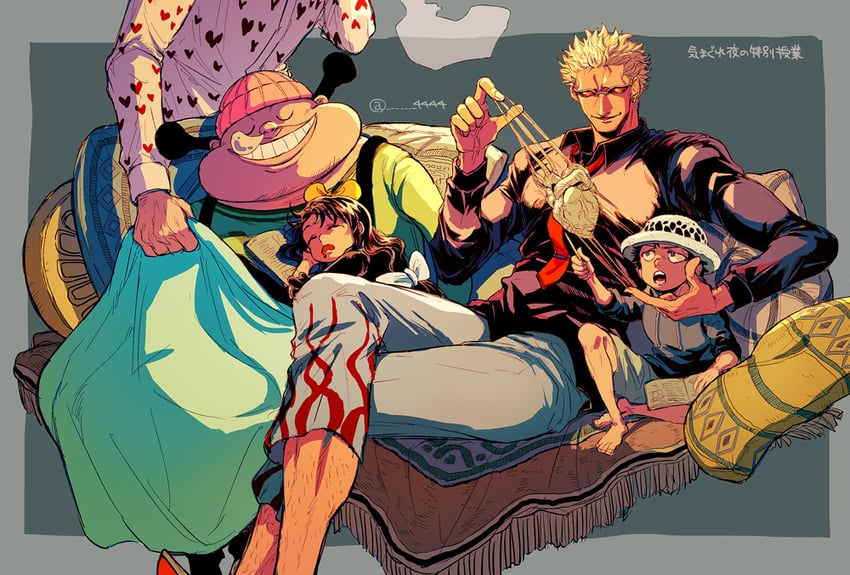 trafalgar law, donquixote doflamingo, donquixote rocinante, baby 5, and buffalo (one piece) drawn by 4444_(tetsuya)