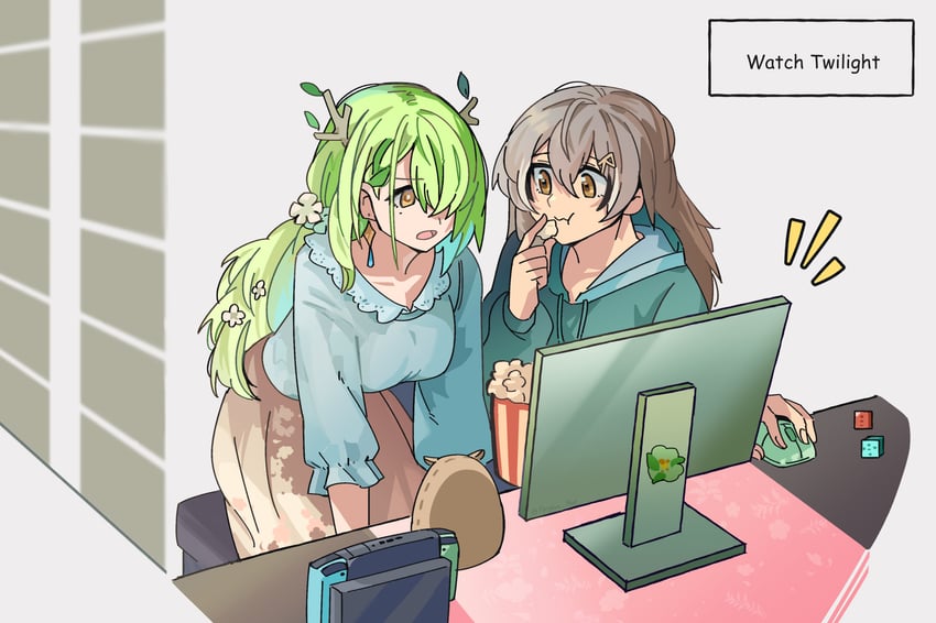 nanashi mumei, ceres fauna, and hootsie (hololive and 1 more) drawn by fongban_illust