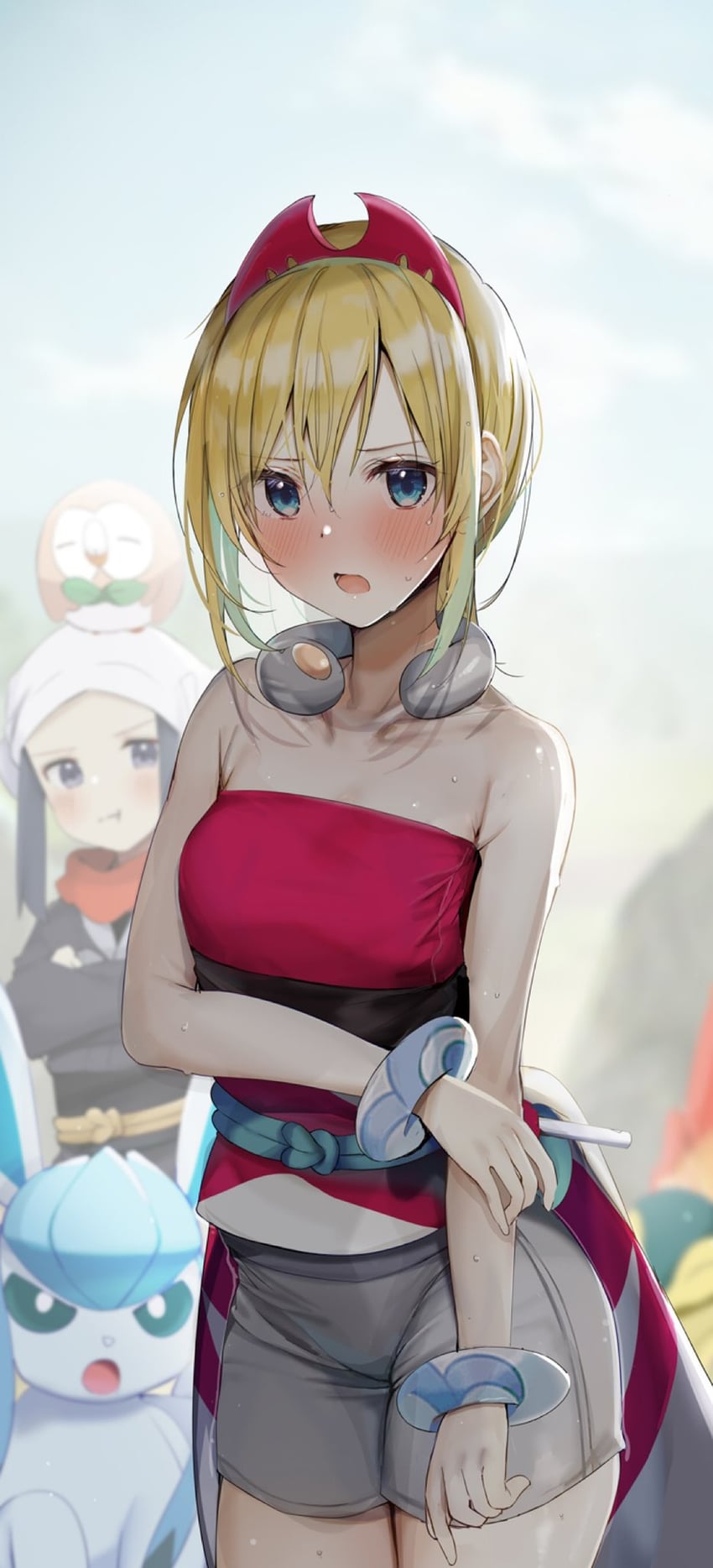 akari, rowlet, irida, oshawott, and cyndaquil (pokemon and 1 more) drawn by rouka_(akatyann)