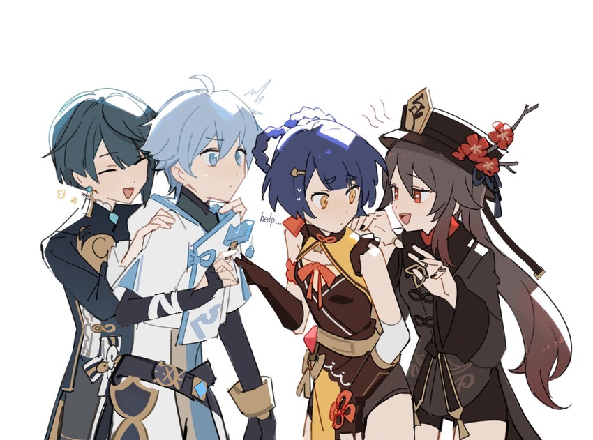 hu tao, xingqiu, chongyun, and xiangling (genshin impact) drawn by suwa_sizuha