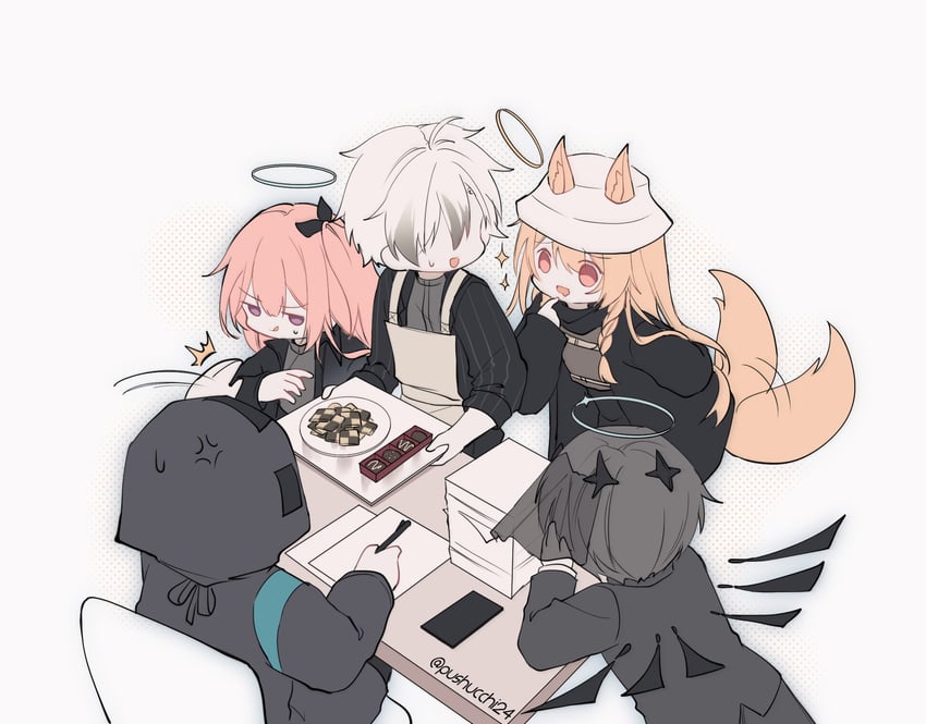 doctor, ceobe, ambriel, arene, and adnachiel (arknights) drawn by pushu