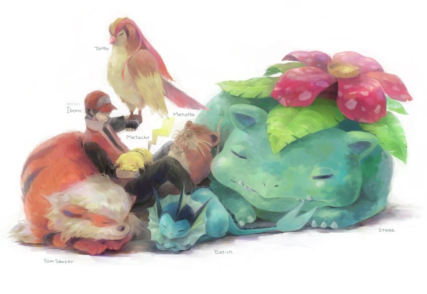 pikachu, red, vaporeon, venusaur, arcanine, and 2 more (pokemon and 2 more) drawn by keipomjp