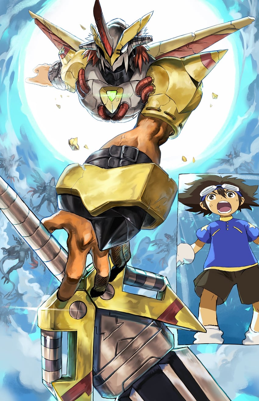 yagami taichi, victorygreymon, and devidramon (digimon and 1 more) drawn by level-00