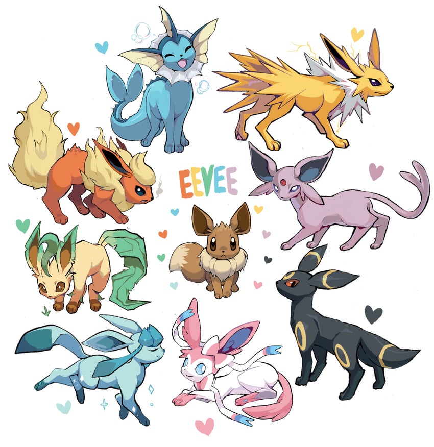 eevee, sylveon, umbreon, glaceon, vaporeon, and 4 more (pokemon) drawn by moonblast-sylveon