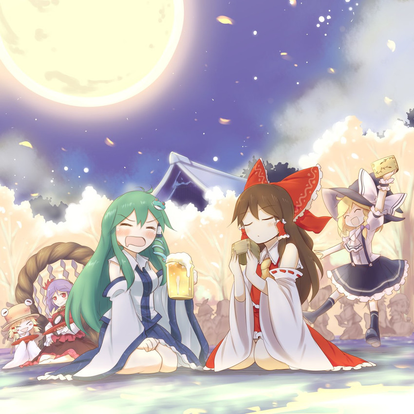 hakurei reimu, kirisame marisa, remilia scarlet, izayoi sakuya, kochiya sanae, and 6 more (touhou and 1 more) drawn by joyfull_(terrace)