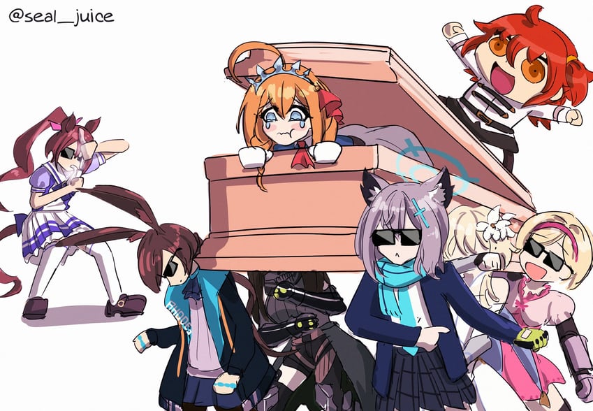lumine, fujimaru ritsuka, shiroko, amiya, tokai teio, and 4 more (fate and 8 more) drawn by seal_juice
