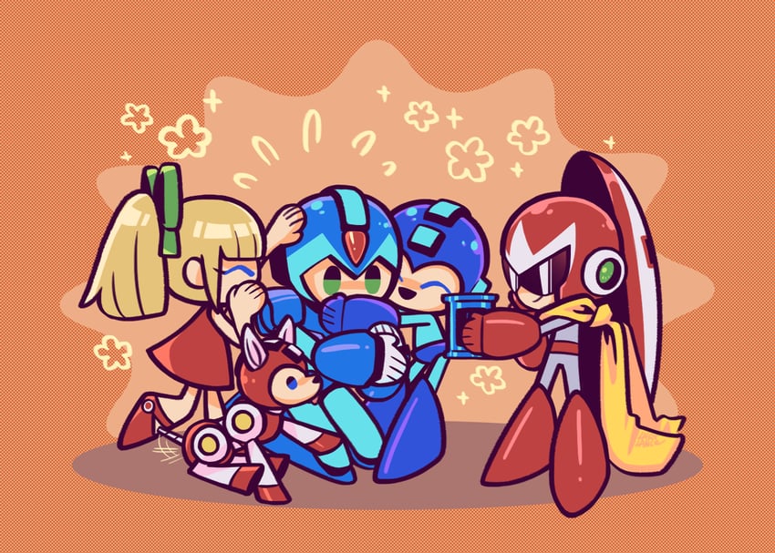 roll, x, mega man, proto man, and rush (mega man and 1 more) drawn by laser-lance