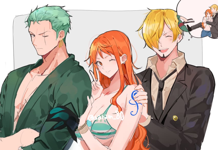 nami, roronoa zoro, and sanji (one piece) drawn by joman