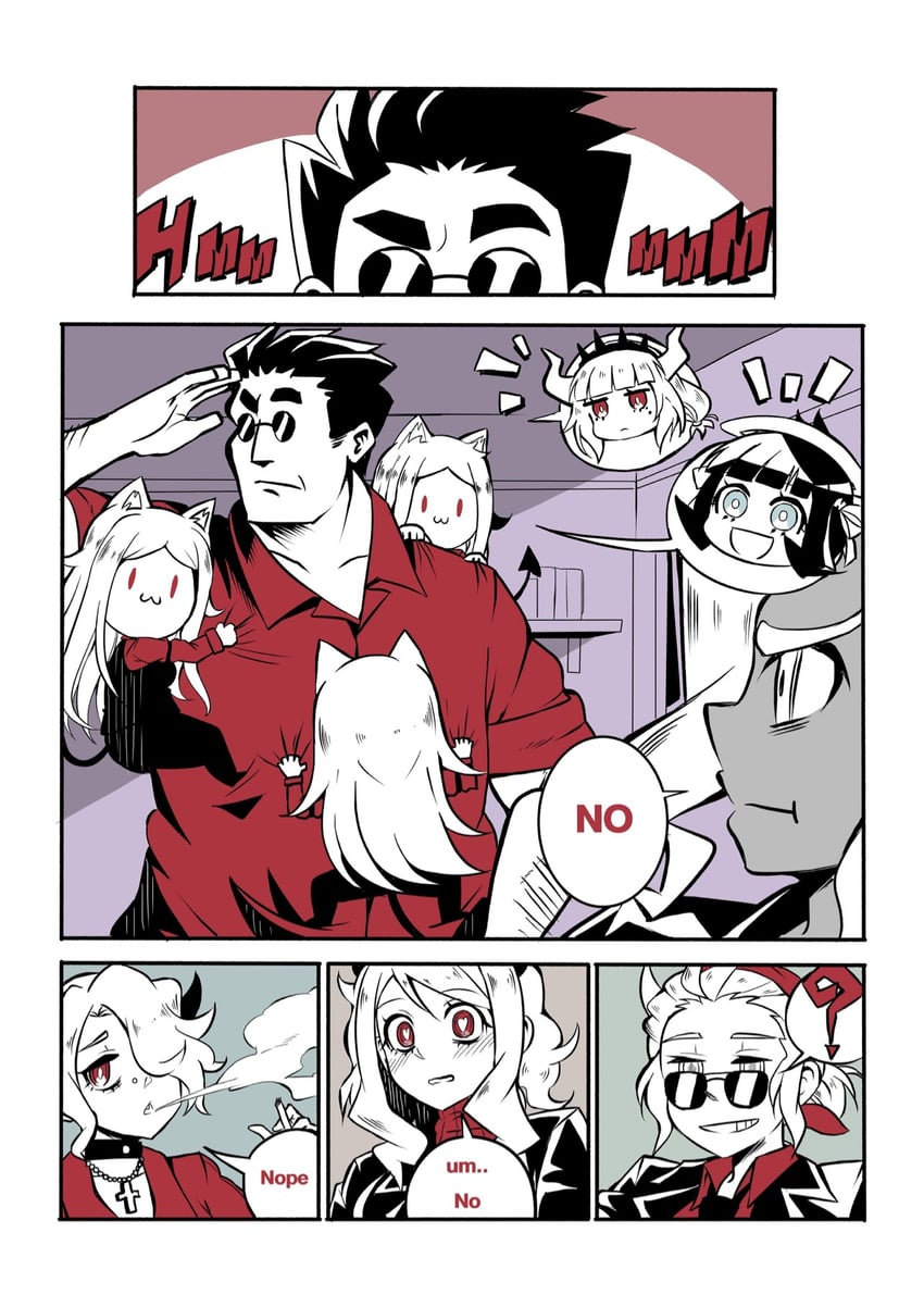 lucifer, modeus, justice, helltaker, cerberus, and 3 more (original and 1 more) drawn by demongem