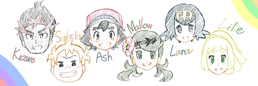 lillie, ash ketchum, lana, mallow, kiawe, and 1 more (pokemon and 1 more) drawn by dede_nnnn