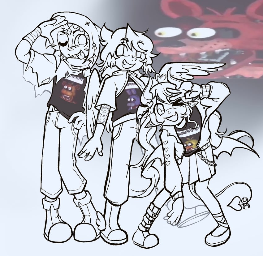 ironmouse, freddy fazbear, chica, foxy, bonnie, and 2 more (vshojo and 5 more) drawn by smallest-turnip