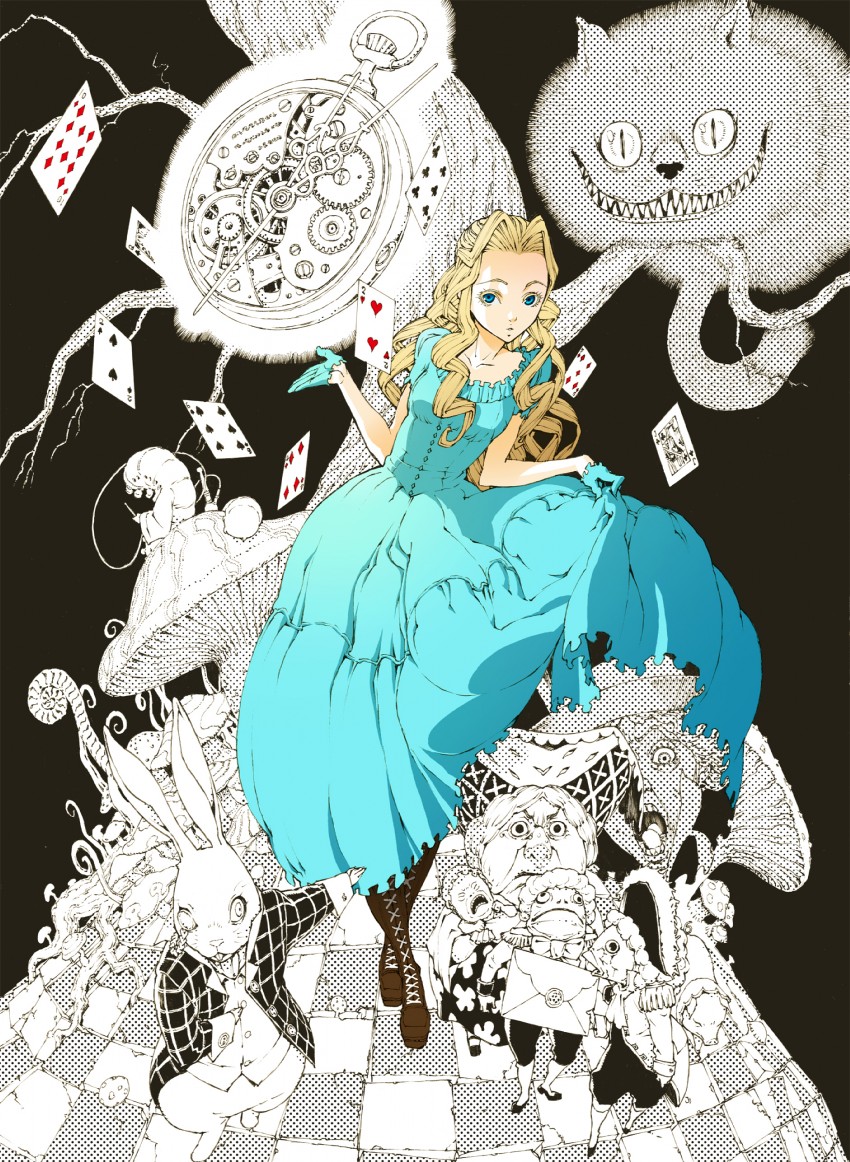 alice kingsleigh, tarrant hightopp, nivins mctwisp, chessur, and absolem (alice in wonderland) drawn by karasuma_tasuku
