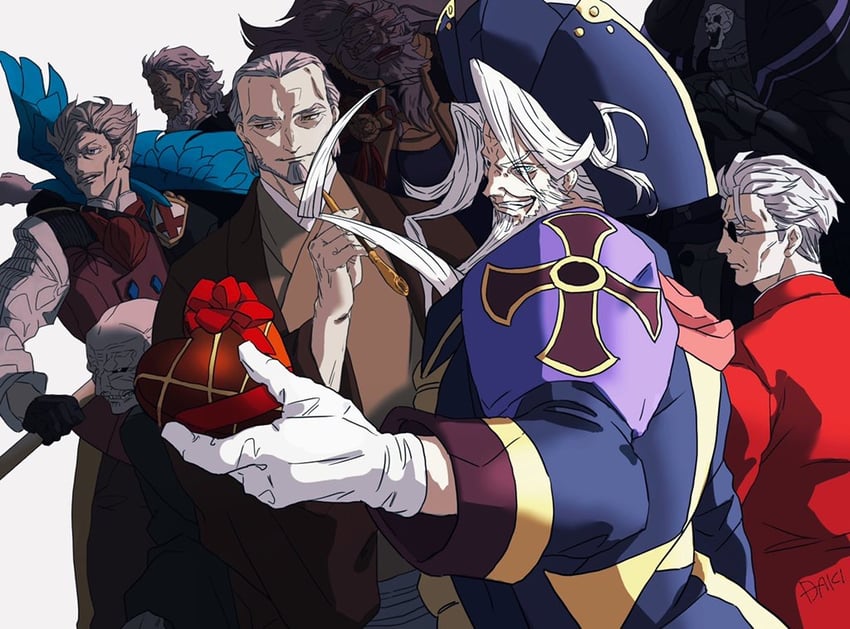 king hassan, james moriarty, li shuwen, yagyuu munenori, matou zouken, and 3 more (fate and 1 more) drawn by syuugou_11