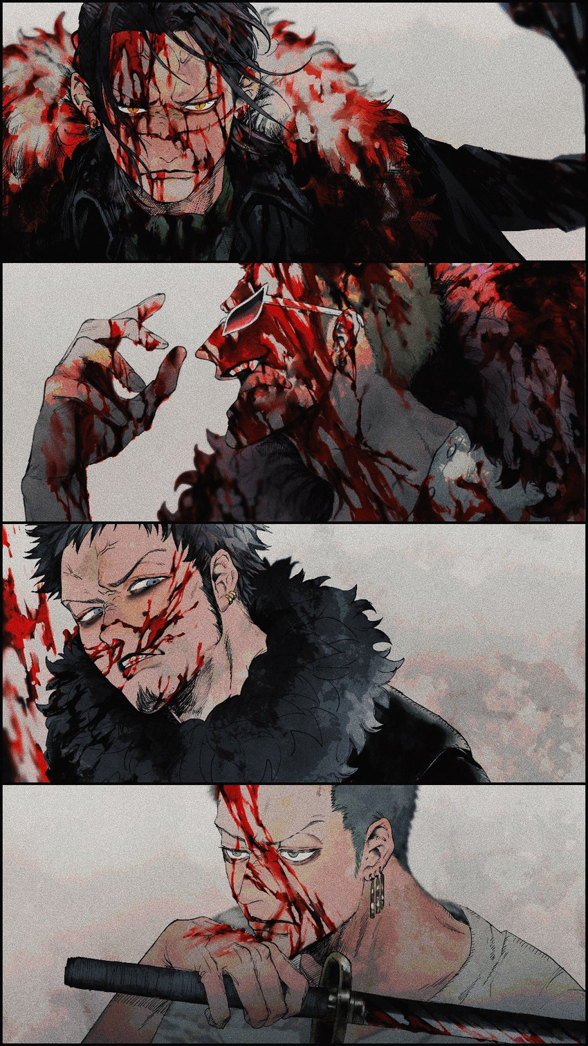 roronoa zoro, trafalgar law, donquixote doflamingo, and crocodile (one piece) drawn by eigoni