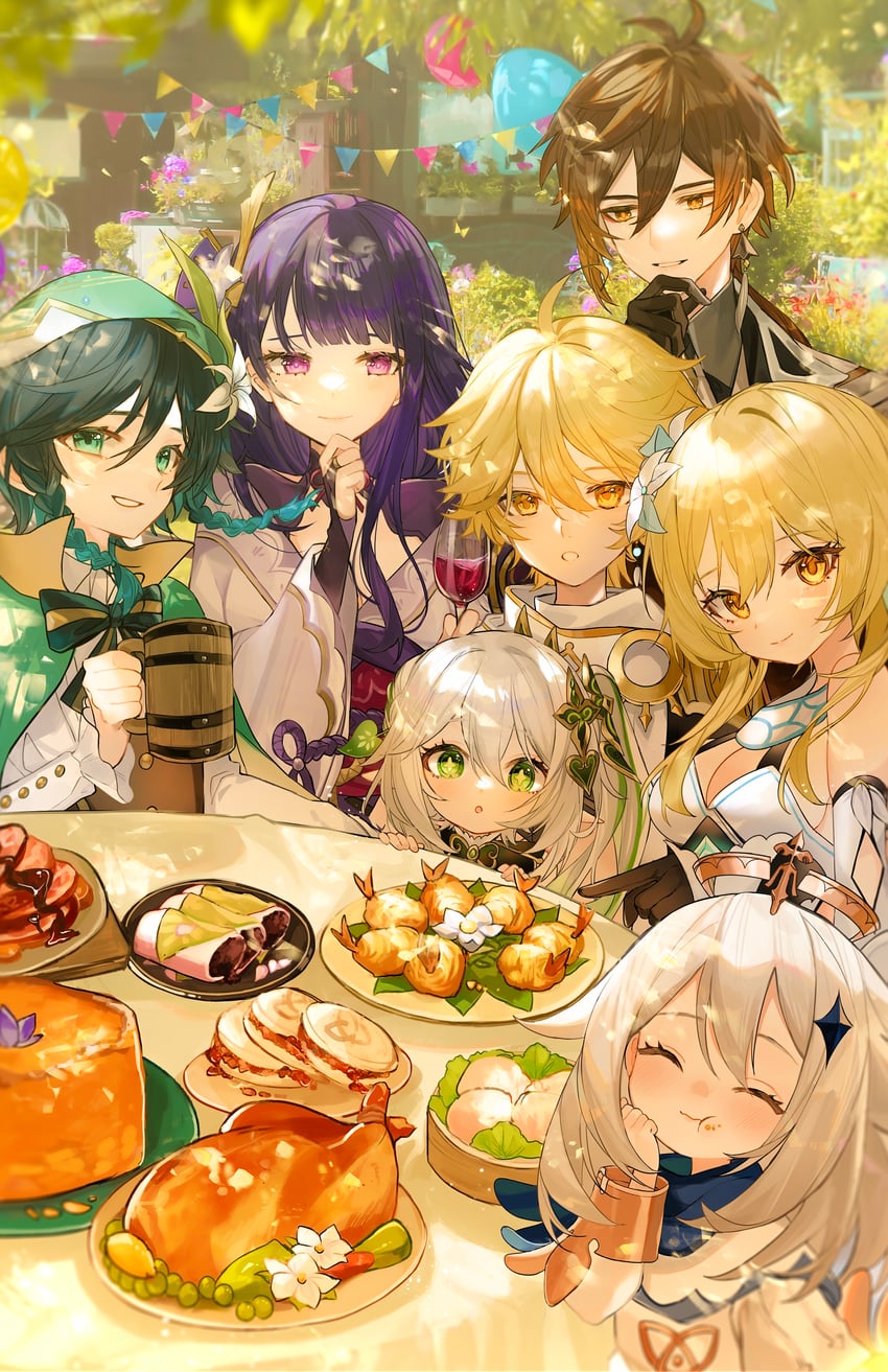 lumine, raiden shogun, aether, nahida, zhongli, and 2 more (genshin impact) drawn by utsuhostoria