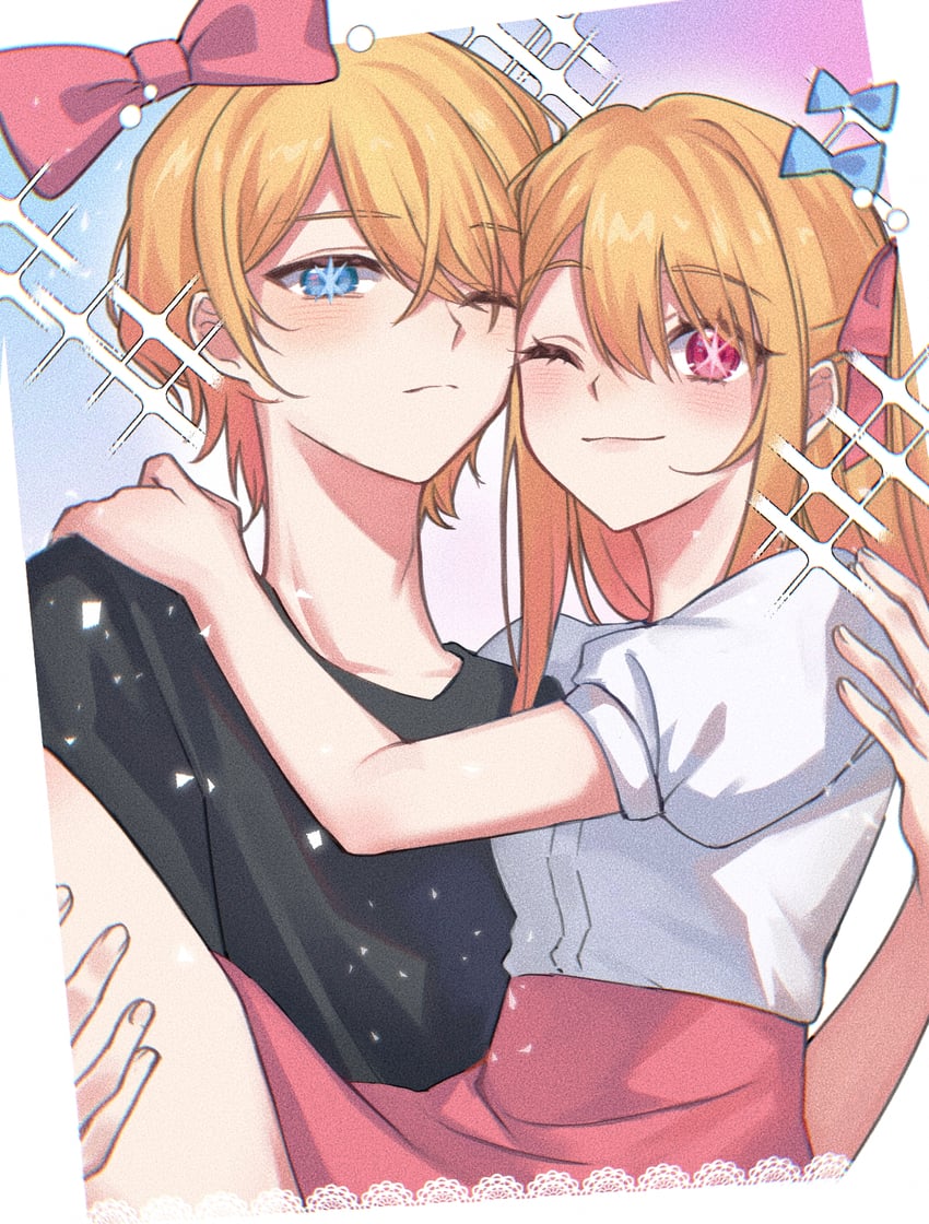 hoshino ruby and hoshino aquamarine (oshi no ko) drawn by kyuuden_mikan