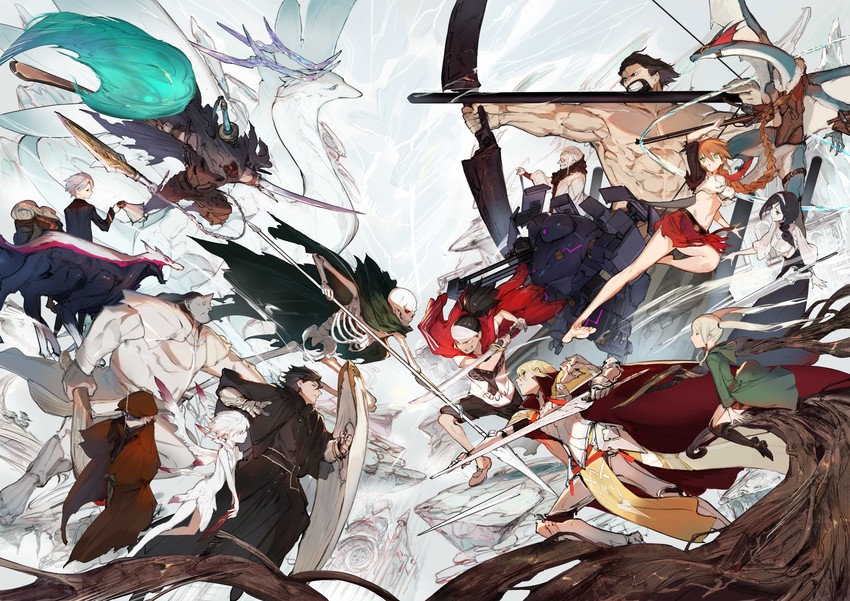 kia the world word, nastique the quiet singer, yagyuu soujirou the willow sword, alus the star runner, kuze the passing disaster, and 15 more (ishura) drawn by kureta_(nikogori)