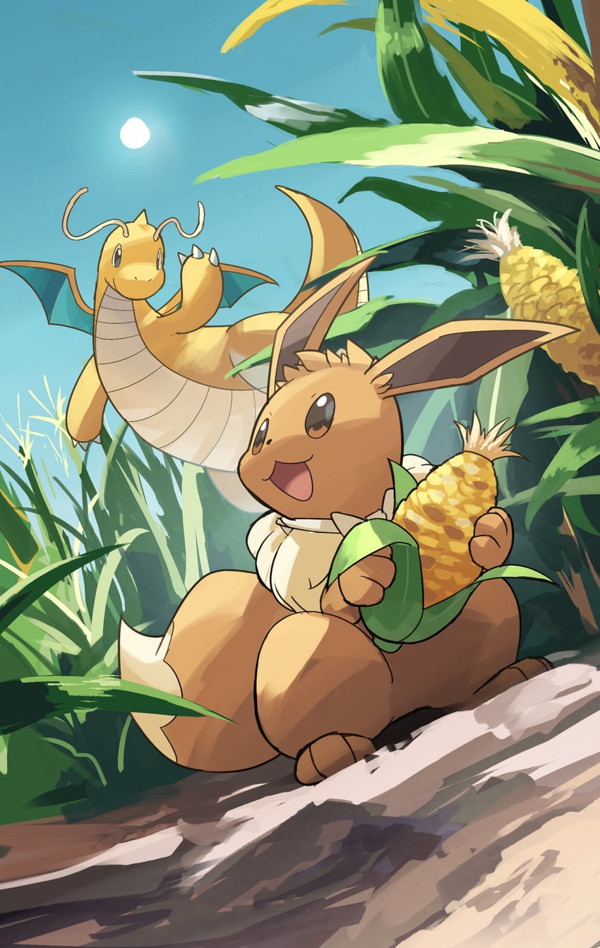 eevee and dragonite (pokemon) drawn by yamaori_(hakkentai_pokedan)