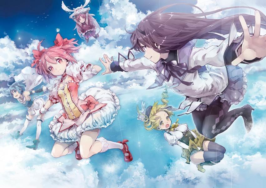 akemi homura, kaname madoka, miki sayaka, sakura kyoko, tomoe mami, and 1 more (mahou shoujo madoka magica) drawn by yuugen